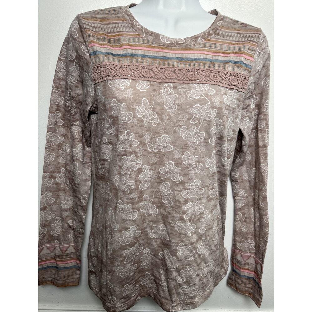 PrAna Women Small Lottie L/S Burnout Top Floral Print Made In USA Pink Purple